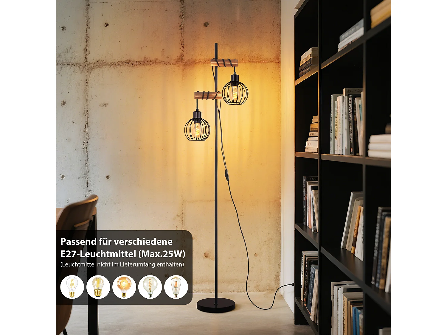 ZMH Lampadaire Noir vintage Douille E27 2 flammes design industriel métal  151cm - sans ampoule