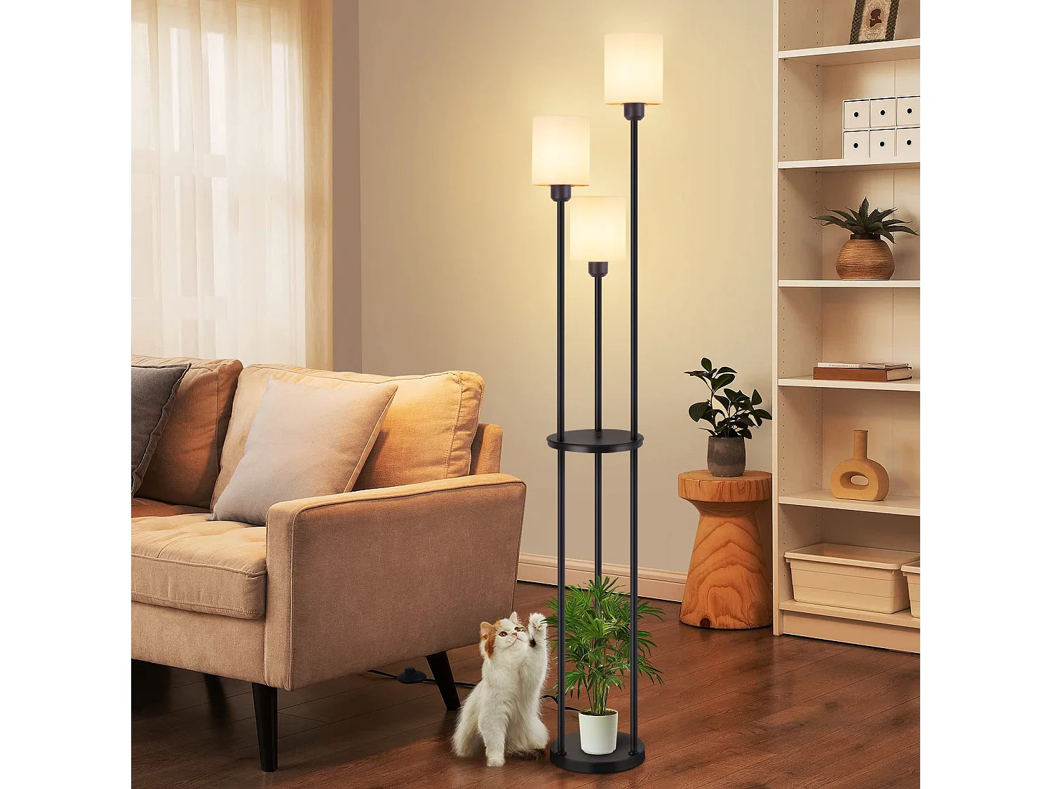 ZMH Lampadaire Noir Blanc 3 lampes E27 Abat-jour en tissu Vintage Lampadaire avec étagère 163cm