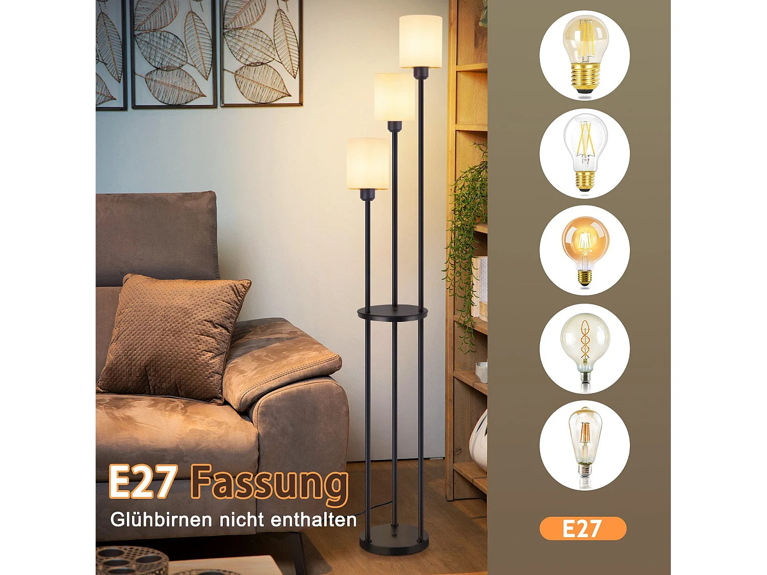 ZMH Lampadaire Noir Blanc 3 lampes E27 Abat-jour en tissu Vintage Lampadaire avec étagère 163cm