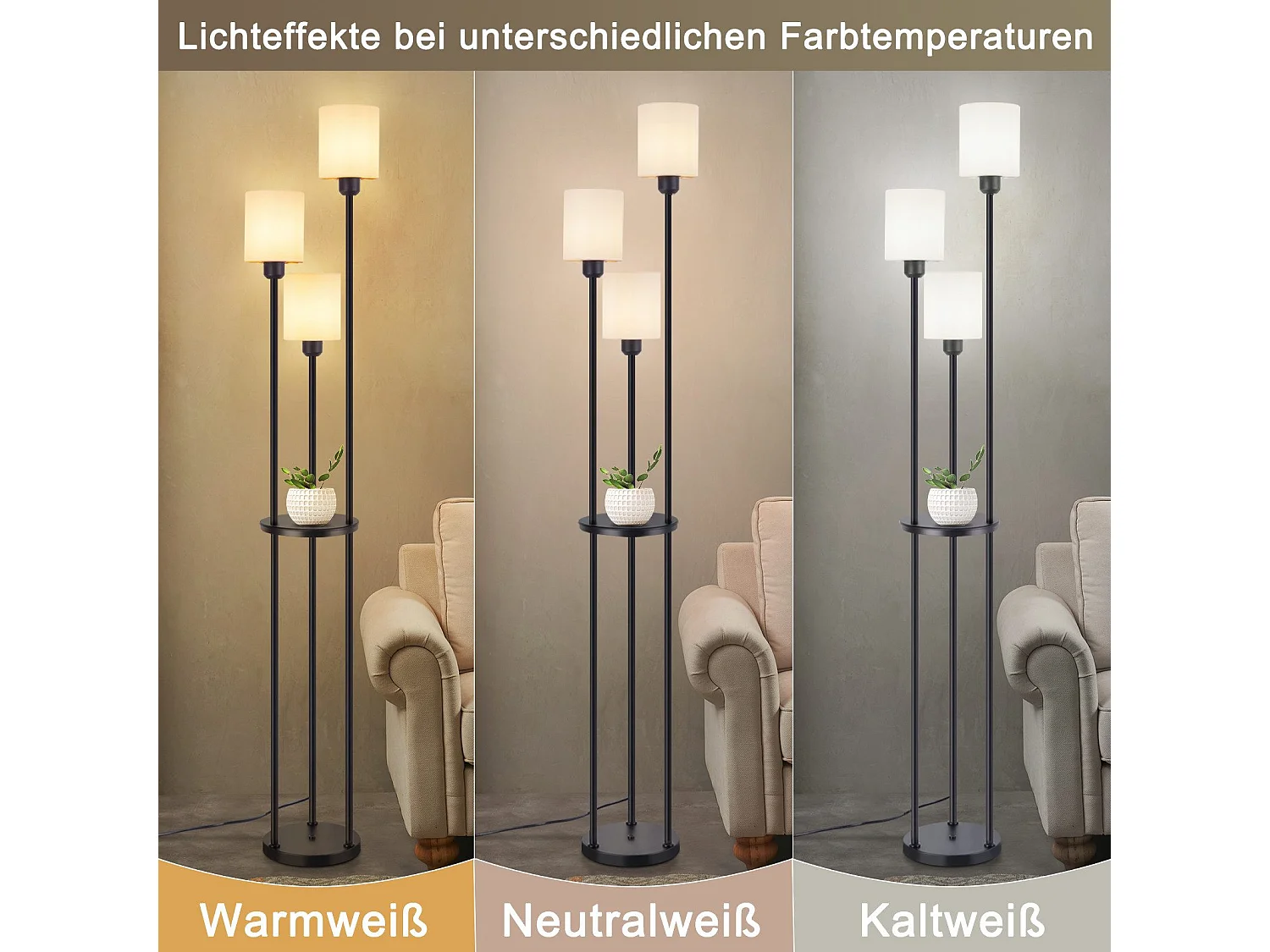 ZMH Lampadaire Noir Blanc 3 lampes E27 Abat-jour en tissu Vintage Lampadaire avec étagère 163cm