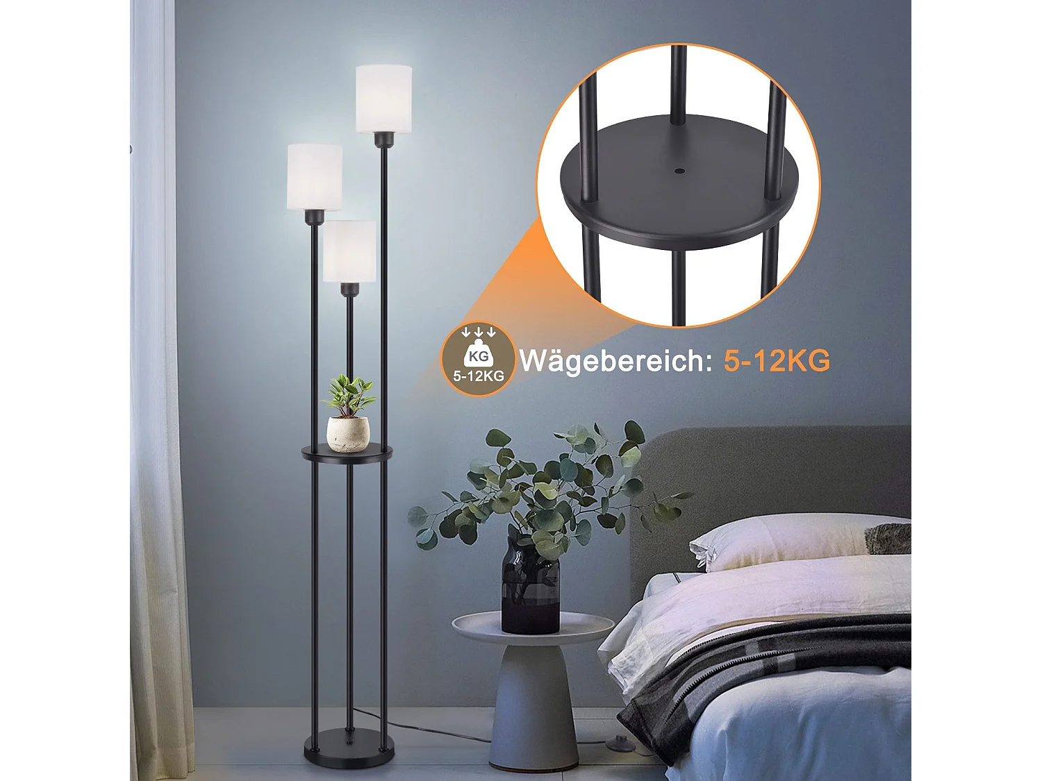 ZMH Lampadaire Noir Blanc 3 lampes E27 Abat-jour en tissu Vintage Lampadaire avec étagère 163cm