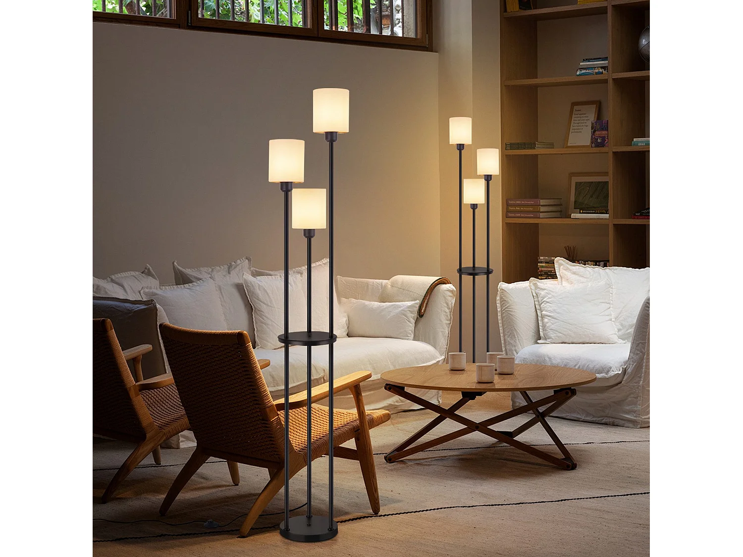 ZMH Lampadaire Noir Blanc 3 lampes E27 Abat-jour en tissu Vintage Lampadaire avec étagère 163cm
