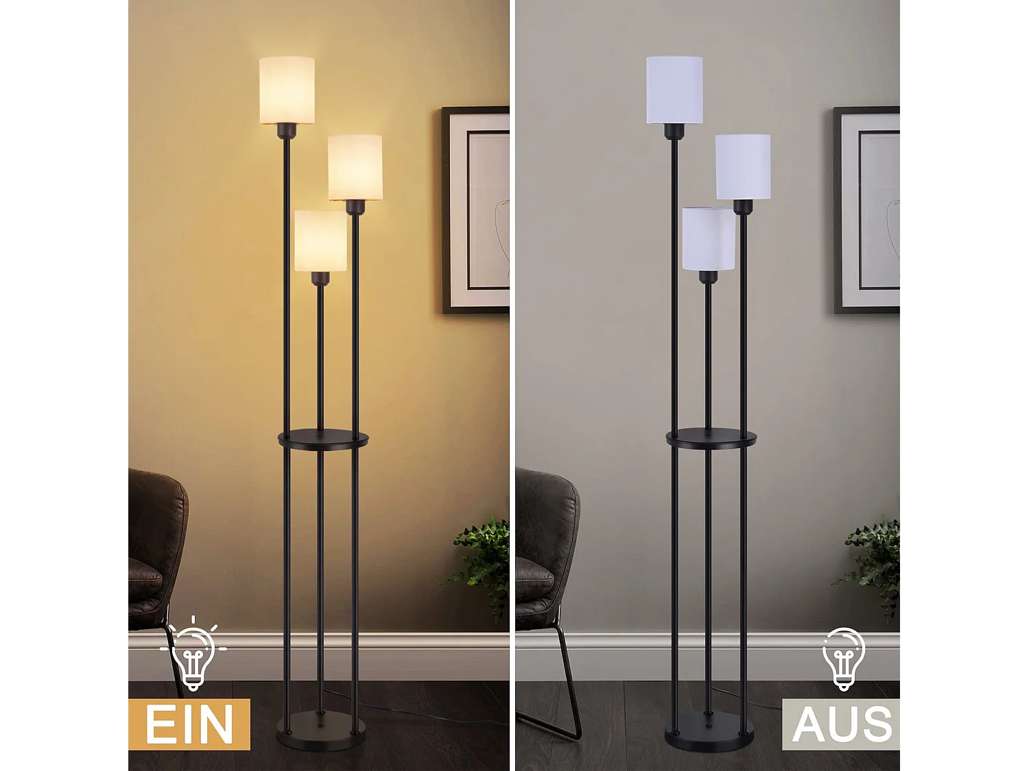 ZMH Lampadaire Noir Blanc 3 lampes E27 Abat-jour en tissu Vintage Lampadaire avec étagère 163cm