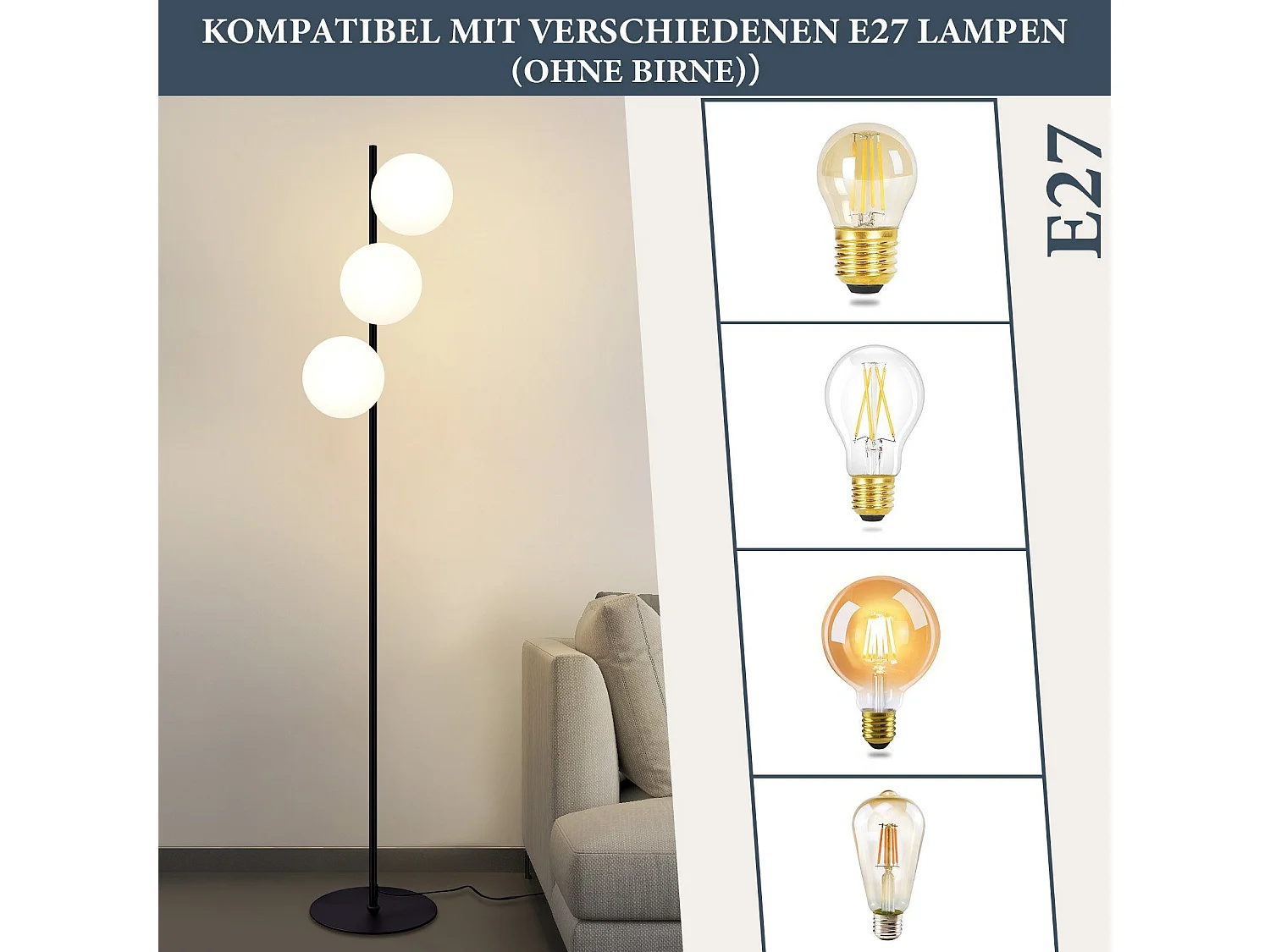 ZMH Lampadaire Noir 3 Lumières Pied E27 Moderne Design Métal Verre avec Interrupteur Pour Salon Bureau