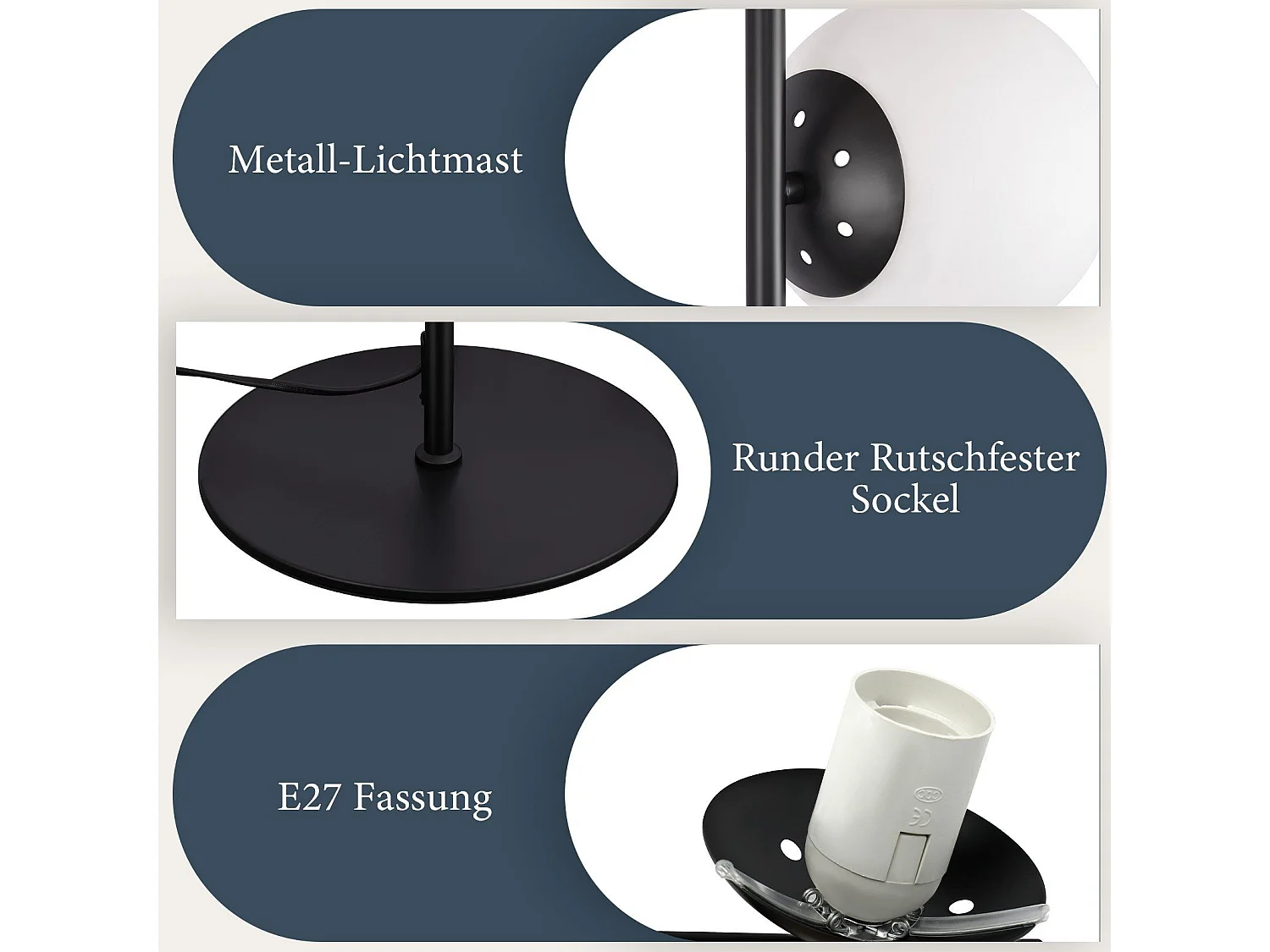 ZMH Lampadaire Noir 3 Lumières Pied E27 Moderne Design Métal Verre avec Interrupteur Pour Salon Bureau