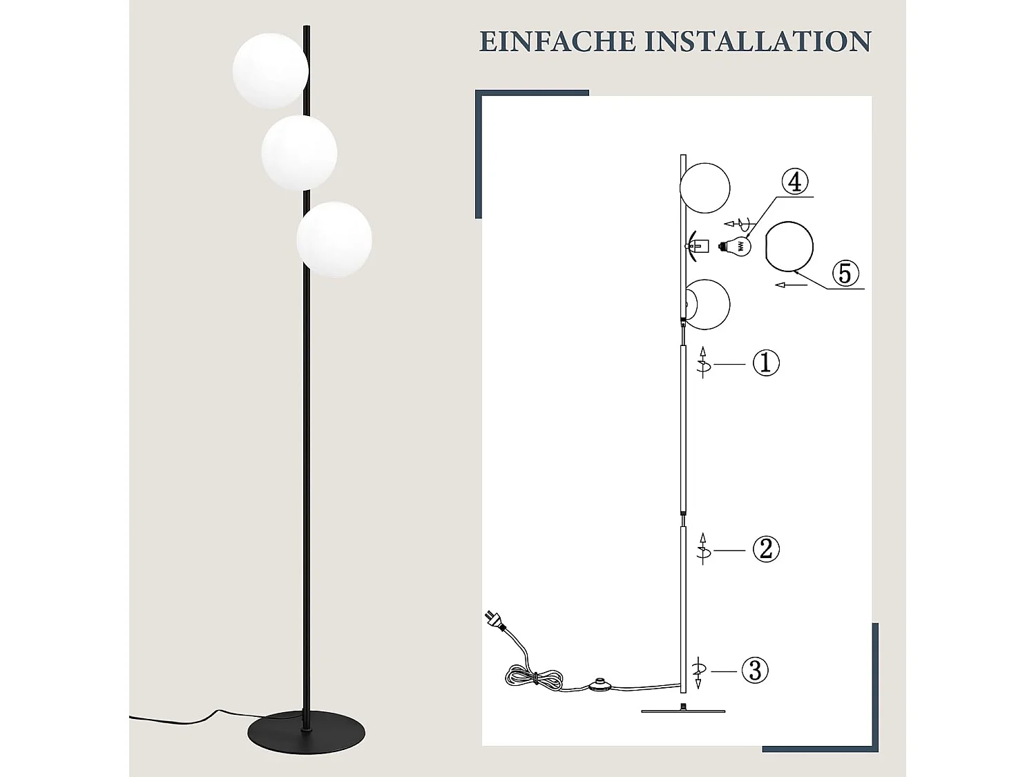 ZMH Lampadaire Noir 3 Lumières Pied E27 Moderne Design Métal Verre avec Interrupteur Pour Salon Bureau