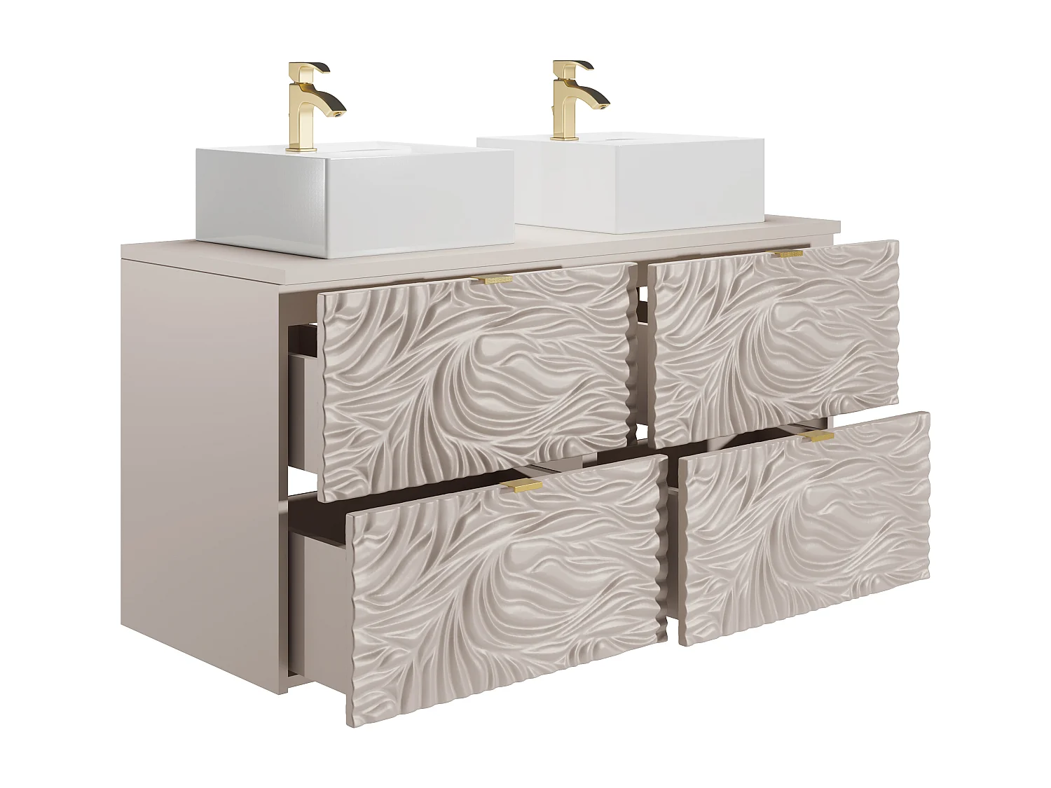 Meuble de salle de bain suspendu texturé avec double vasque à poser carrée - Beige - 120 cm - RINAREL