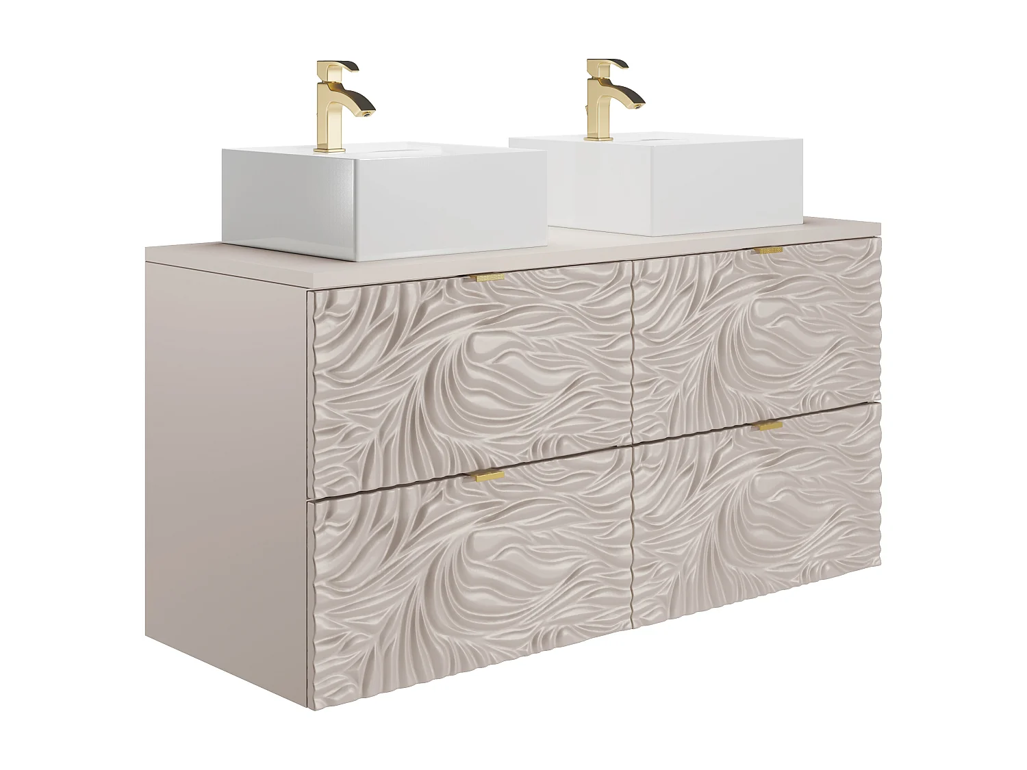 Meuble de salle de bain suspendu texturé avec double vasque à poser carrée - Beige - 120 cm - RINAREL