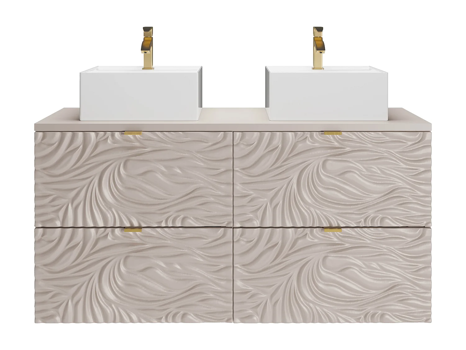 Meuble de salle de bain suspendu texturé avec double vasque à poser carrée - Beige - 120 cm - RINAREL