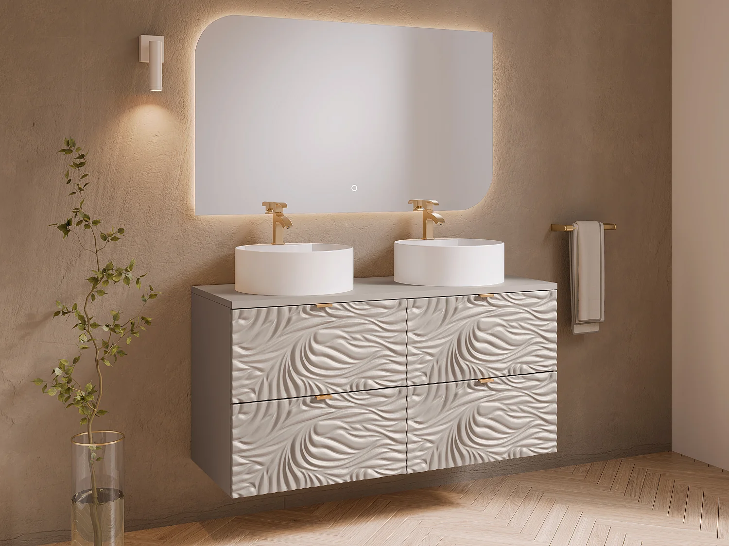 Meuble de salle de bain suspendu texturé avec double vasque à poser ronde - Beige - 120 cm - RINAREL