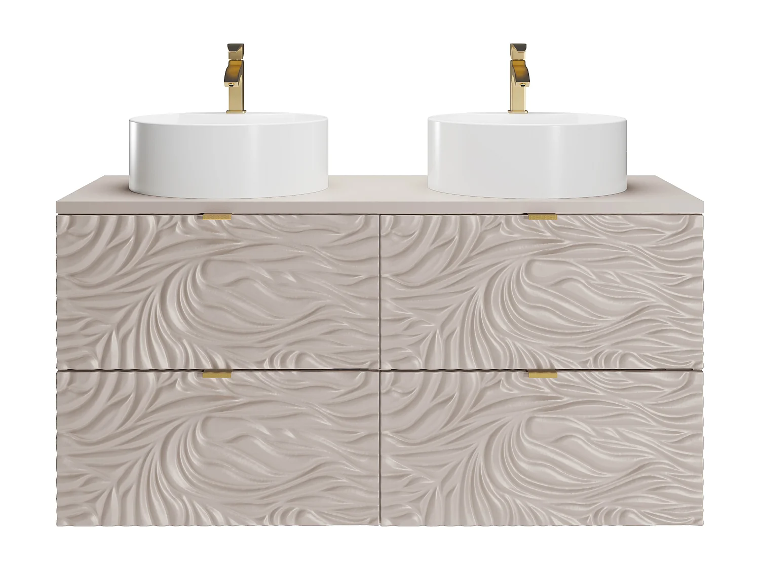 Meuble de salle de bain suspendu texturé avec double vasque à poser ronde - Beige - 120 cm - RINAREL