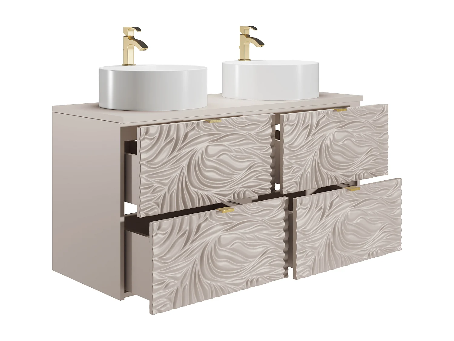 Meuble de salle de bain suspendu texturé avec double vasque à poser ronde - Beige - 120 cm - RINAREL