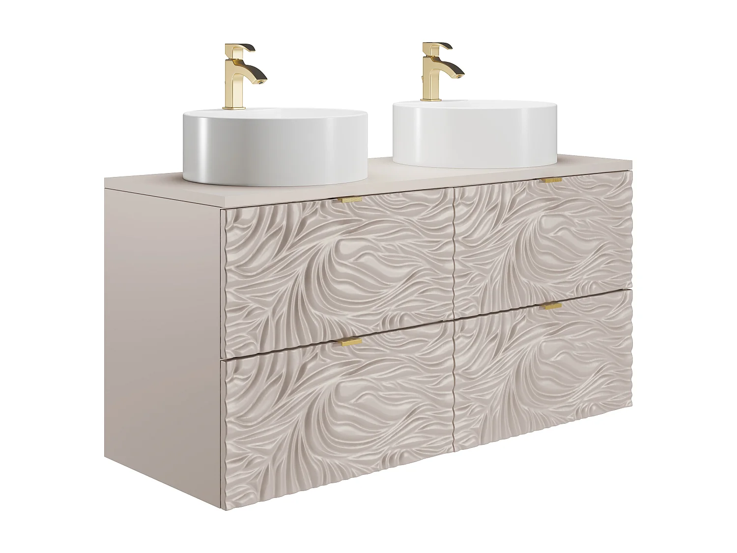Meuble de salle de bain suspendu texturé avec double vasque à poser ronde - Beige - 120 cm - RINAREL
