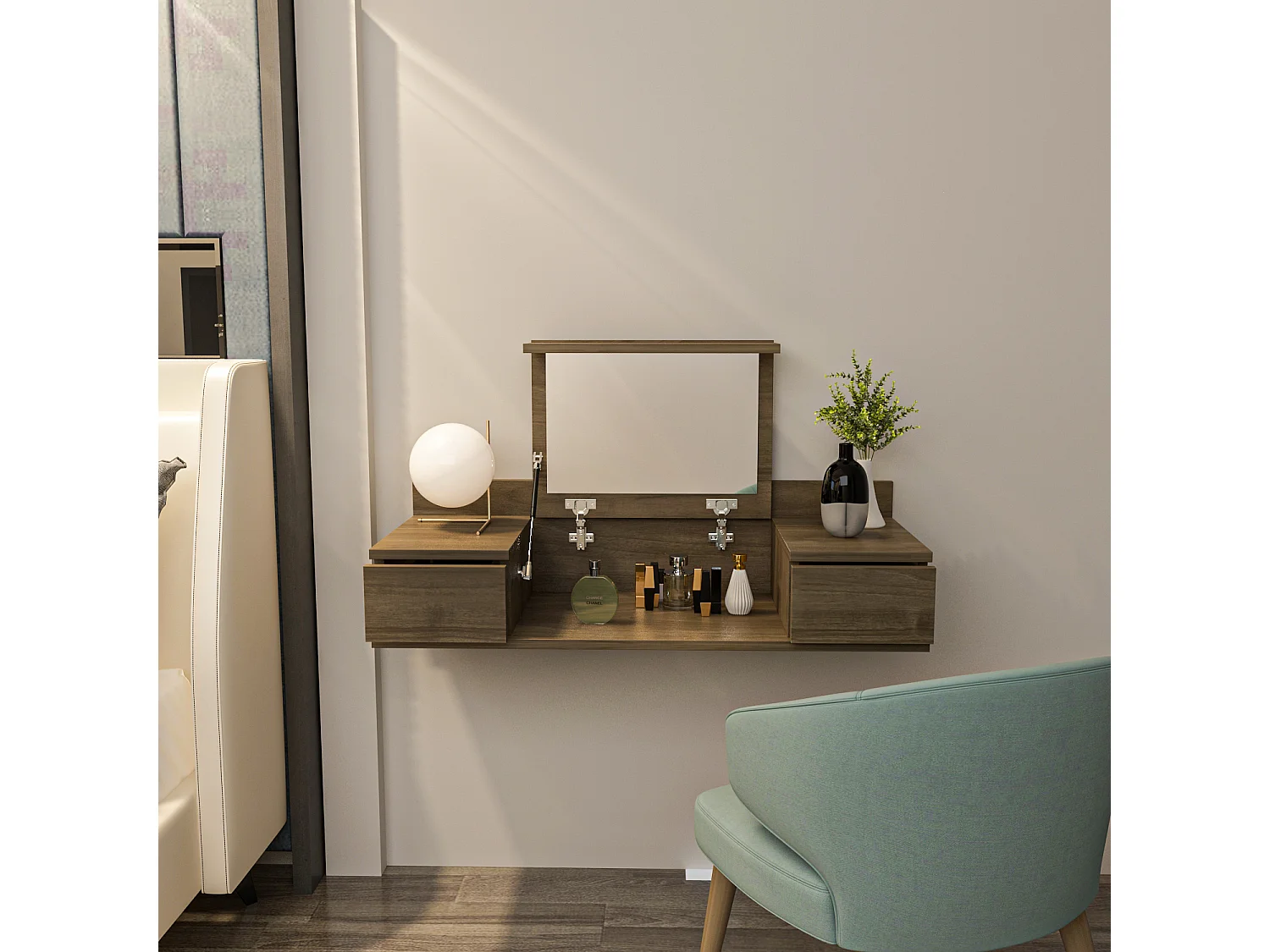 Decorotika Zenn Floating Makeup Vanity with Mirror and Drawers