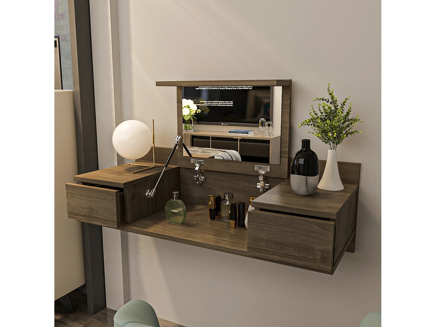 Decorotika Zenn Floating Makeup Vanity with Mirror and Drawers