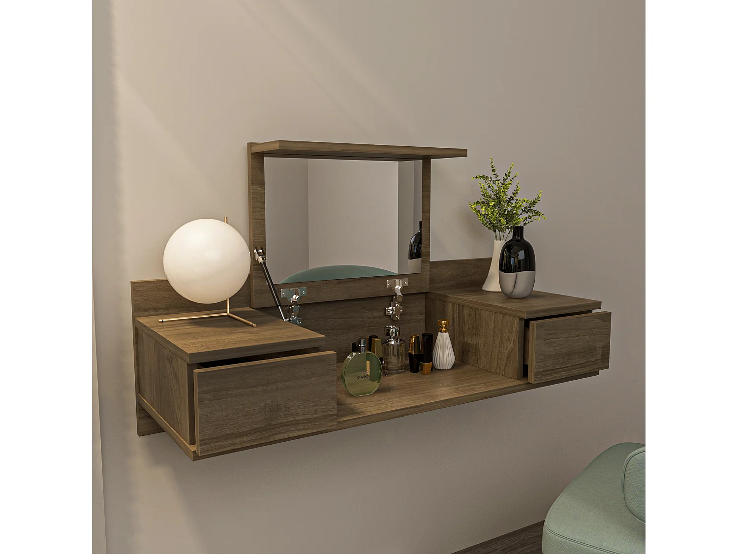 Decorotika Zenn Floating Makeup Vanity with Mirror and Drawers