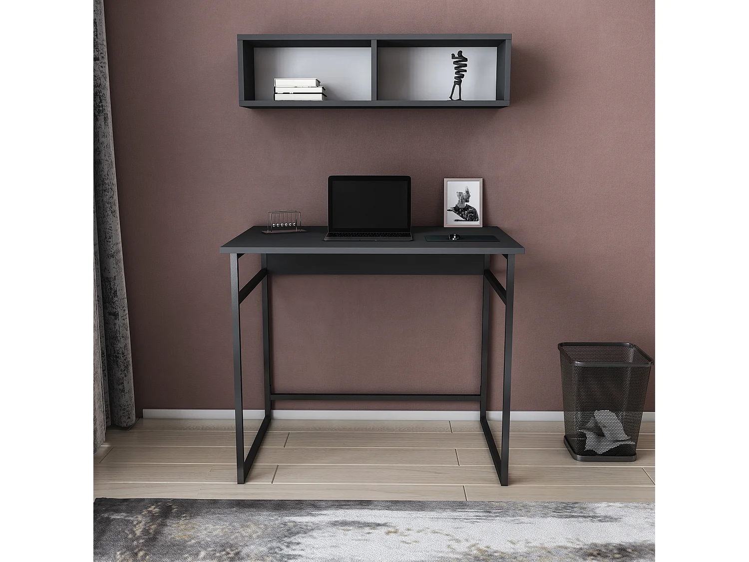 Decorotika Hussum Metal Frame Computer Desk with Wall Shelf - 90 cm W x 75 cm H x 60 cm D