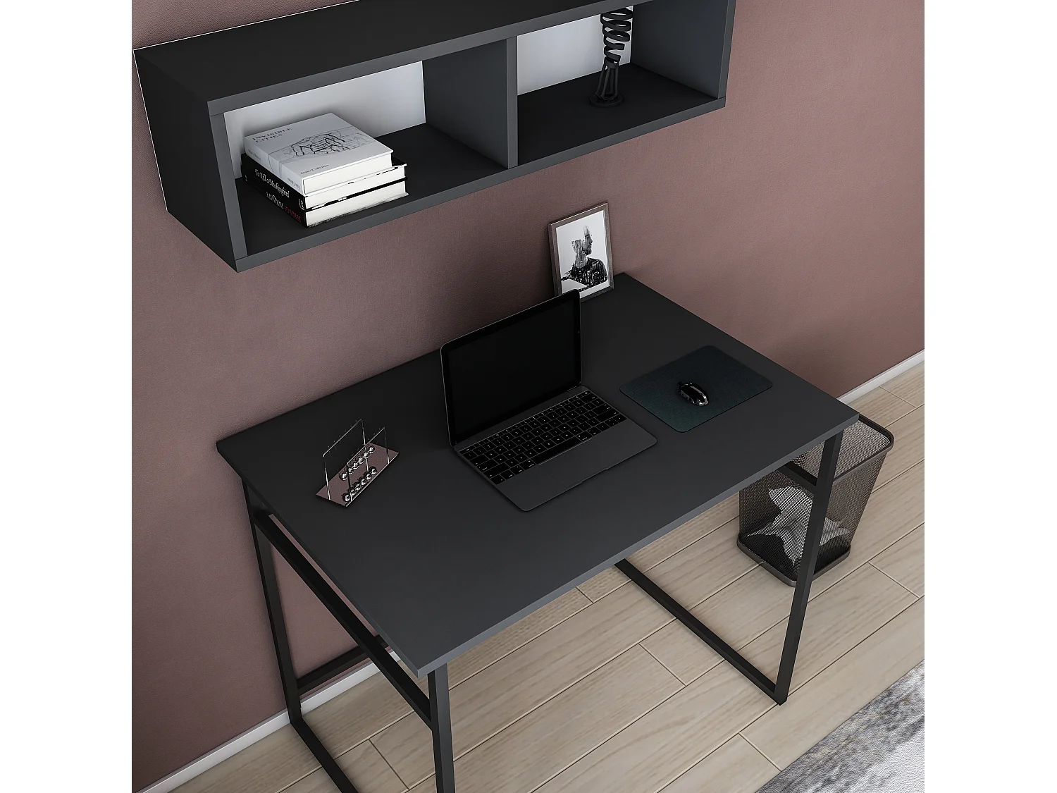 Decorotika Hussum Metal Frame Computer Desk with Wall Shelf - 90 cm W x 75 cm H x 60 cm D