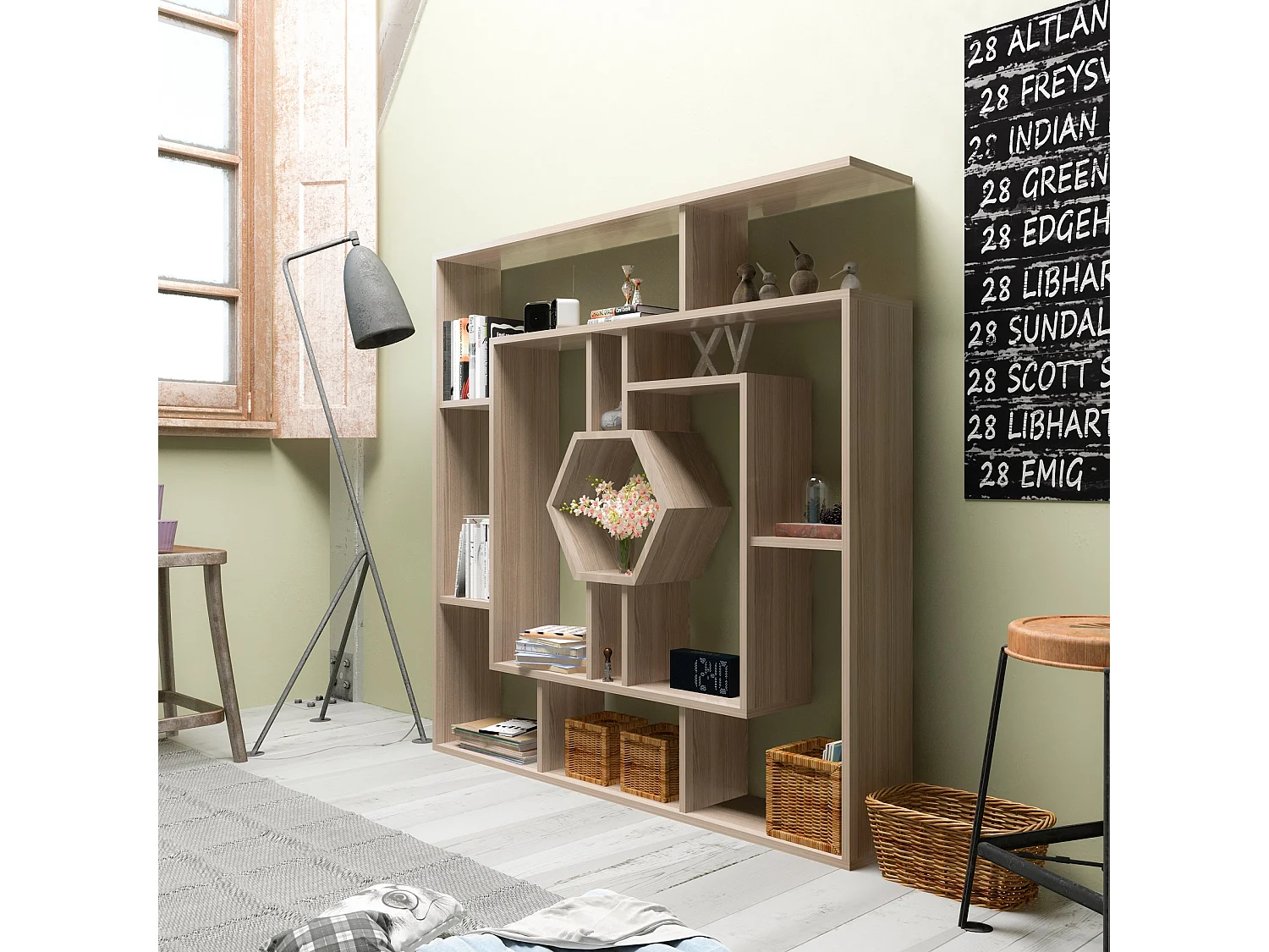 Decorotika Labrina Geometric Design Bookcase - 134 cm H x 134 cm W x 23 cm D