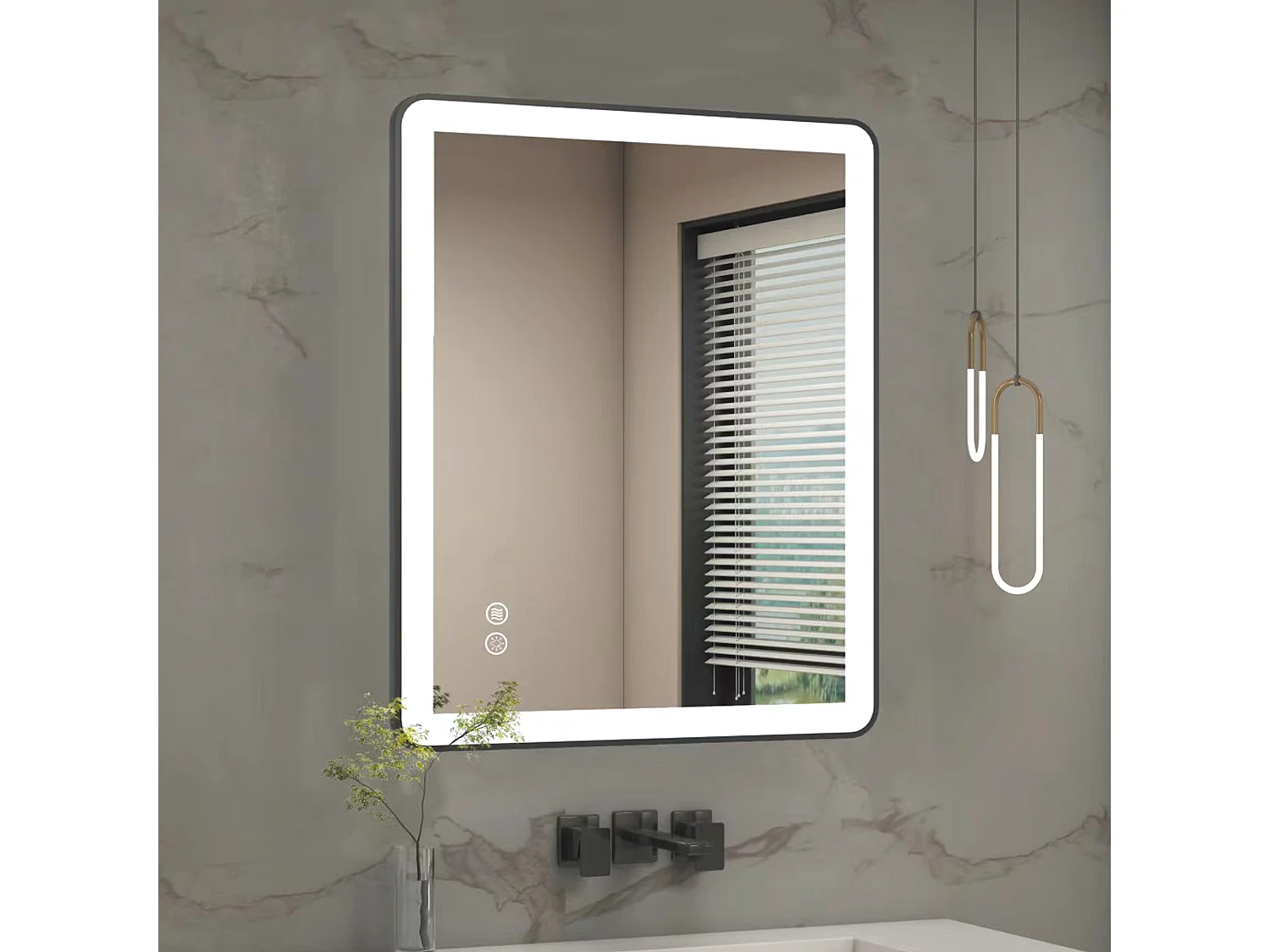 Miroir de salle de bain LED 70×50 cm, verre trempé antidéflagrant, 3 couleurs de lumière dimmables, design moderne