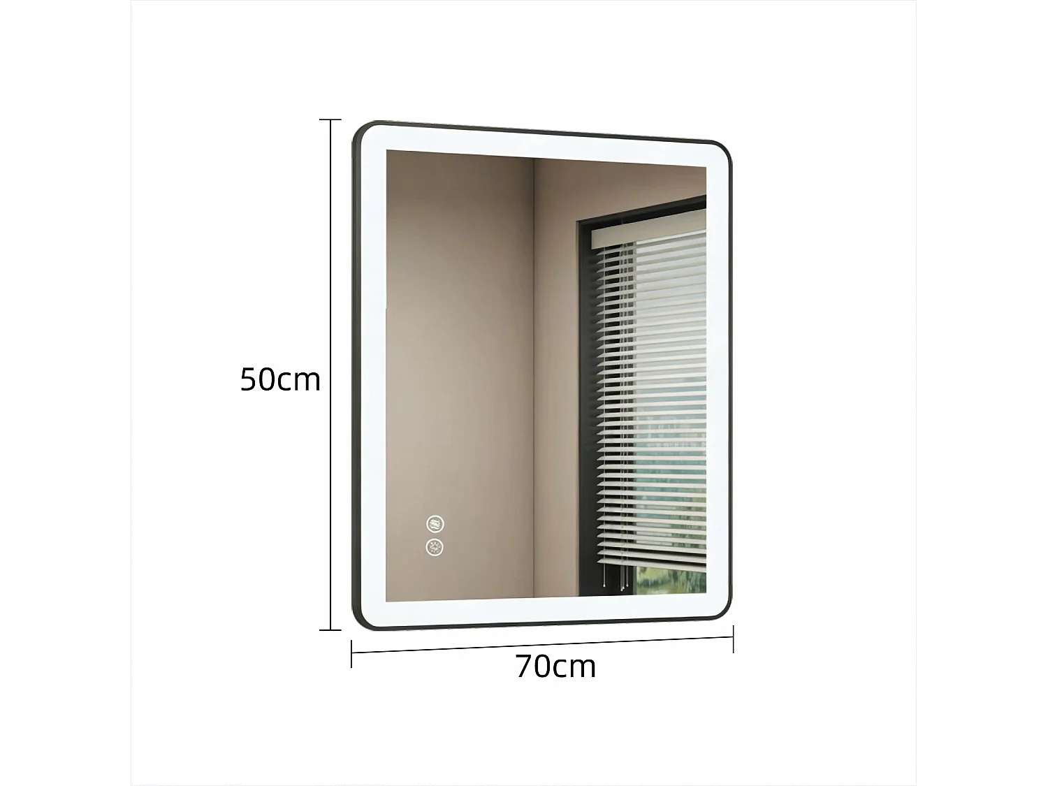 Miroir de salle de bain LED 70×50 cm, verre trempé antidéflagrant, 3 couleurs de lumière dimmables, design moderne