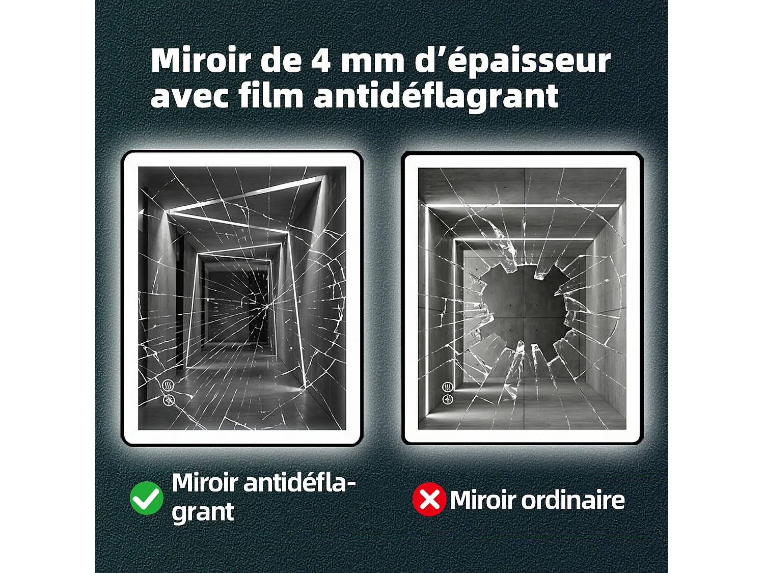 Miroir de salle de bain LED 70×50 cm, verre trempé antidéflagrant, 3 couleurs de lumière dimmables, design moderne