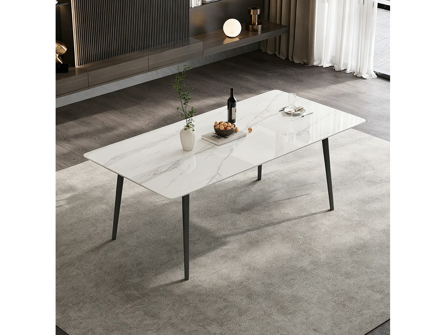 Table à Manger Moderne pour 4 à 6 Personnes, Plateau rectangulaire en Pierre frittée, Structure en Acier Carbone, pour Salle à Manger et Cuisine,120×70×75 cm, Blanc