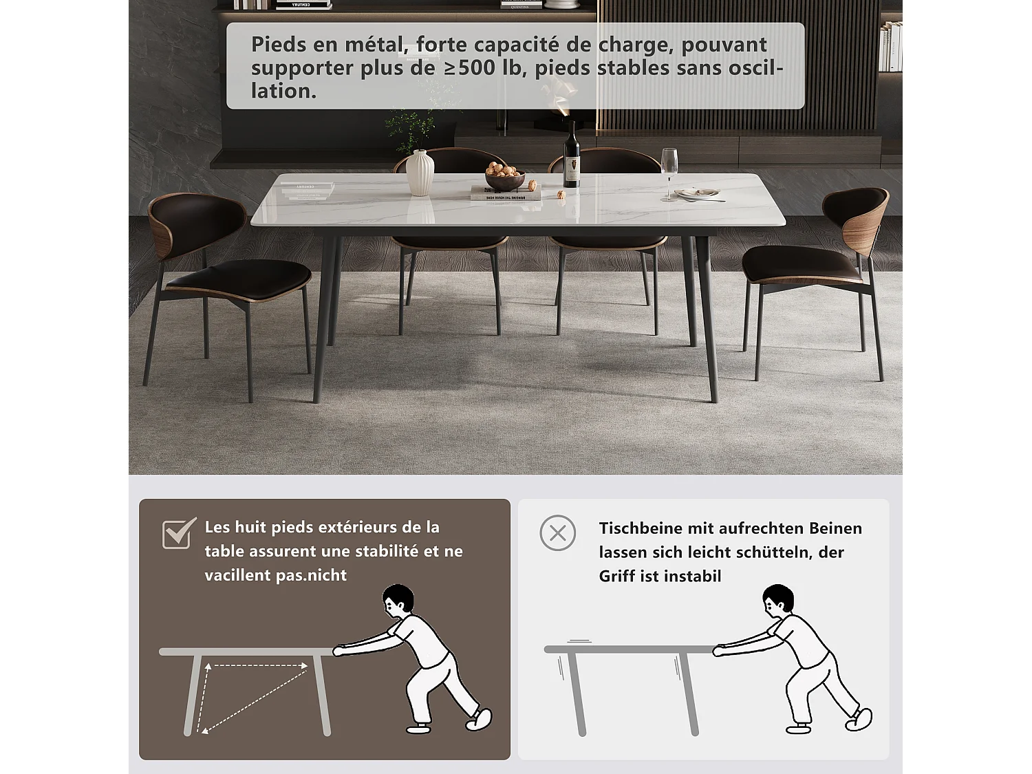 Table à Manger Moderne pour 4 à 6 Personnes, Plateau rectangulaire en Pierre frittée, Structure en Acier Carbone, pour Salle à Manger et Cuisine,120×70×75 cm, Blanc