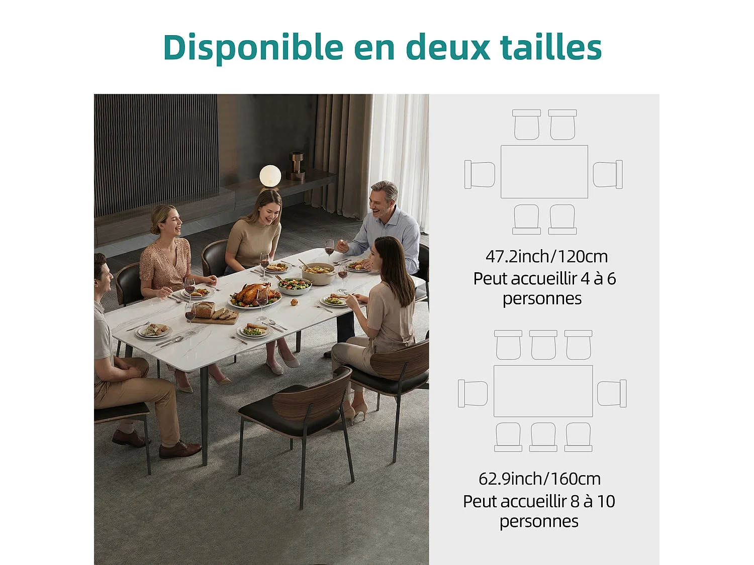 Table à Manger Moderne pour 4 à 6 Personnes, Plateau rectangulaire en Pierre frittée, Structure en Acier Carbone, pour Salle à Manger et Cuisine,120×70×75 cm, Blanc