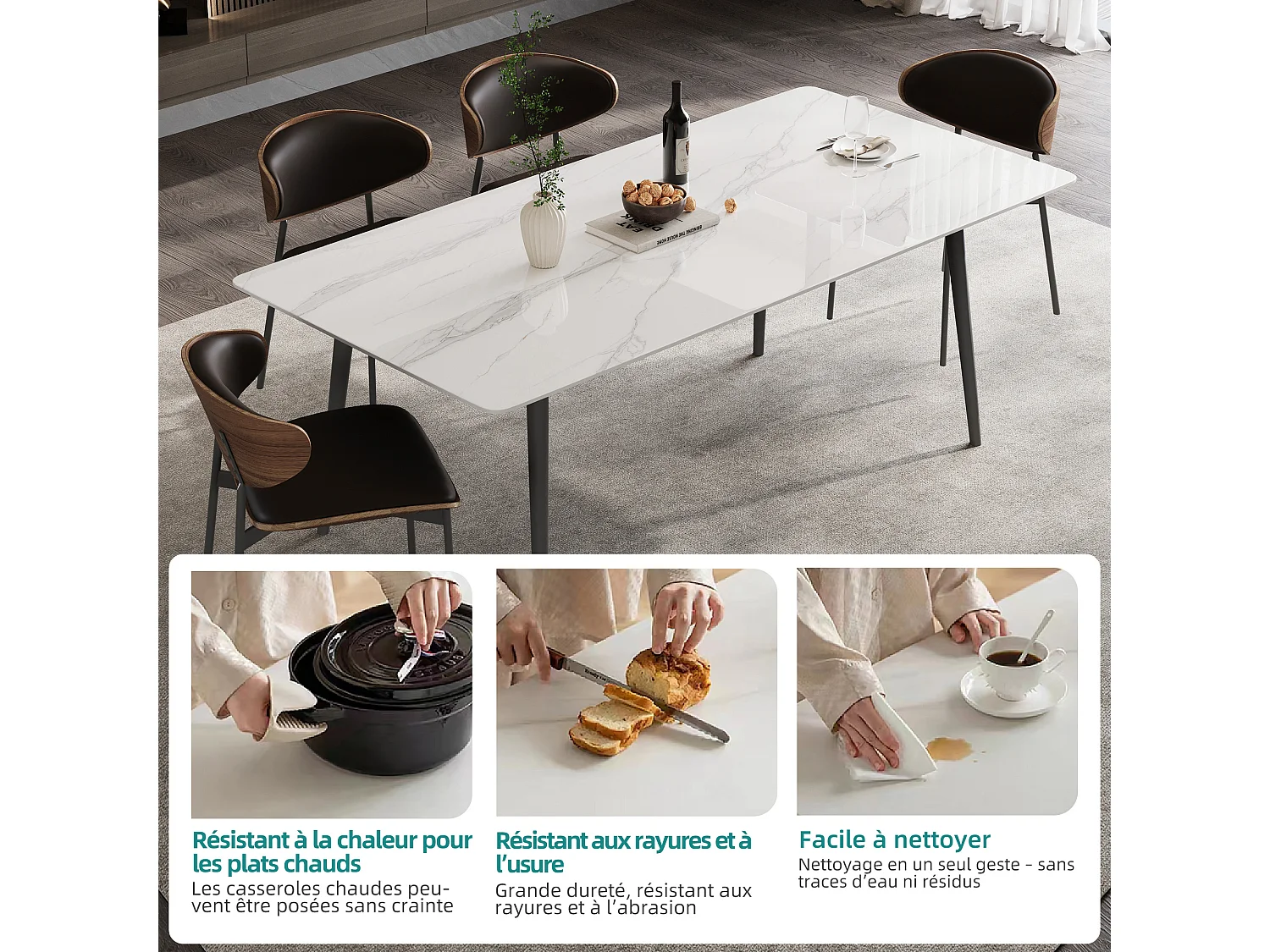 Table à manger 160 cm pour 4–6 pers., pierre frittée, acier carbone, blanc, avec 4 chaises, pour cuisine et salle à manger