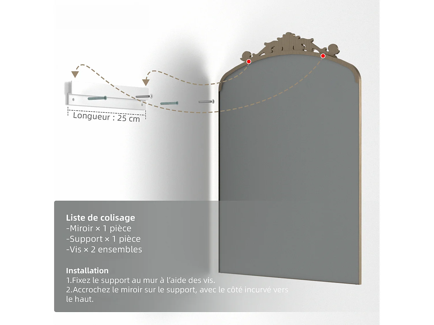 Miroir haute définition, miroir mural antidéflagrant 89,5 × 60,3 cm, avec cadre en alliage d’aluminium, pour chambre, couloir et salle de bain