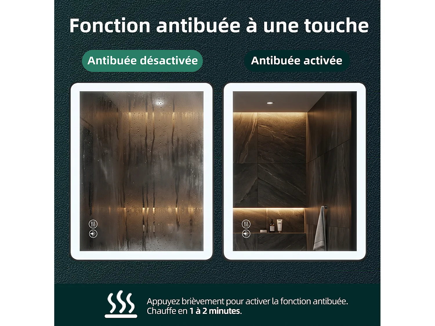 Miroir de salle de bain LED 100×70 cm, verre trempé antidéflagrant, 3 couleurs de lumière dimmables, design moderne