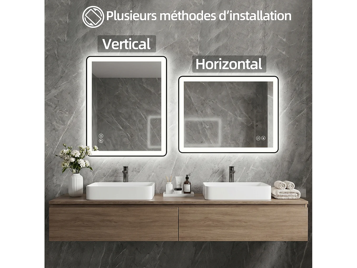 Miroir de salle de bain LED 100×70 cm, verre trempé antidéflagrant, 3 couleurs de lumière dimmables, design moderne