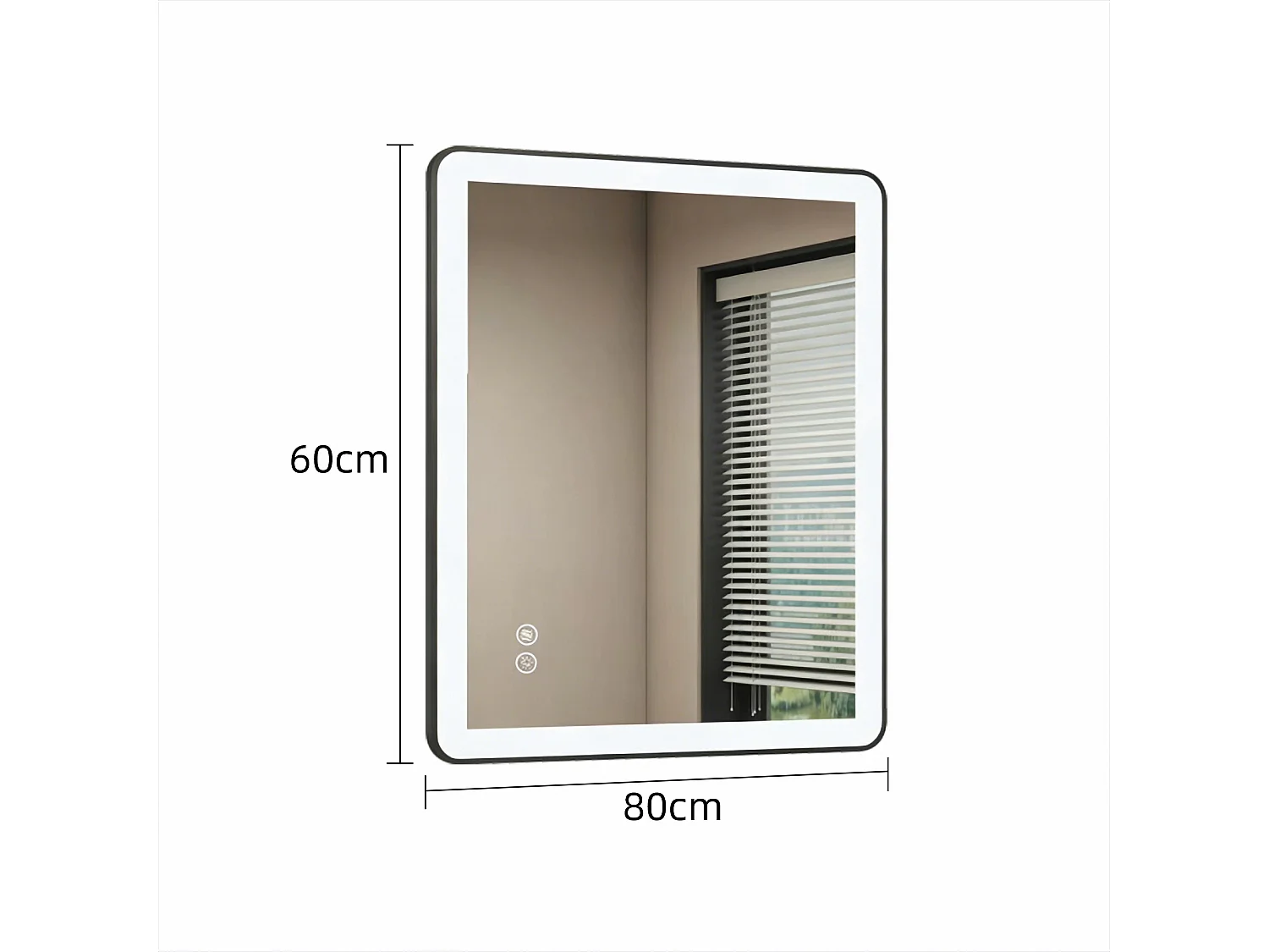 Miroir de salle de bain LED 80×60 cm, verre trempé antidéflagrant, 3 couleurs de lumière dimmables, design moderne