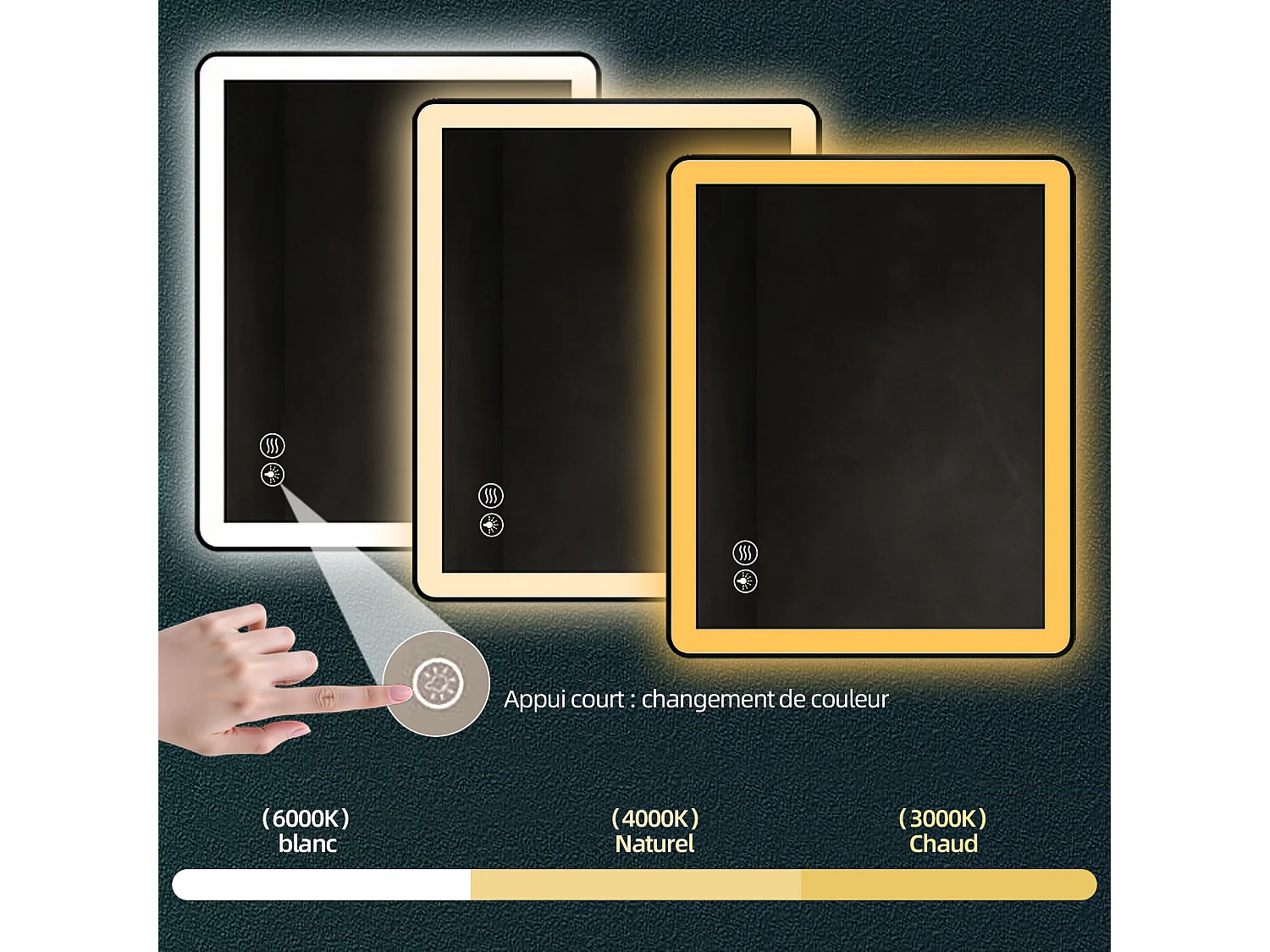 Miroir de salle de bain LED 80×60 cm, verre trempé antidéflagrant, 3 couleurs de lumière dimmables, design moderne