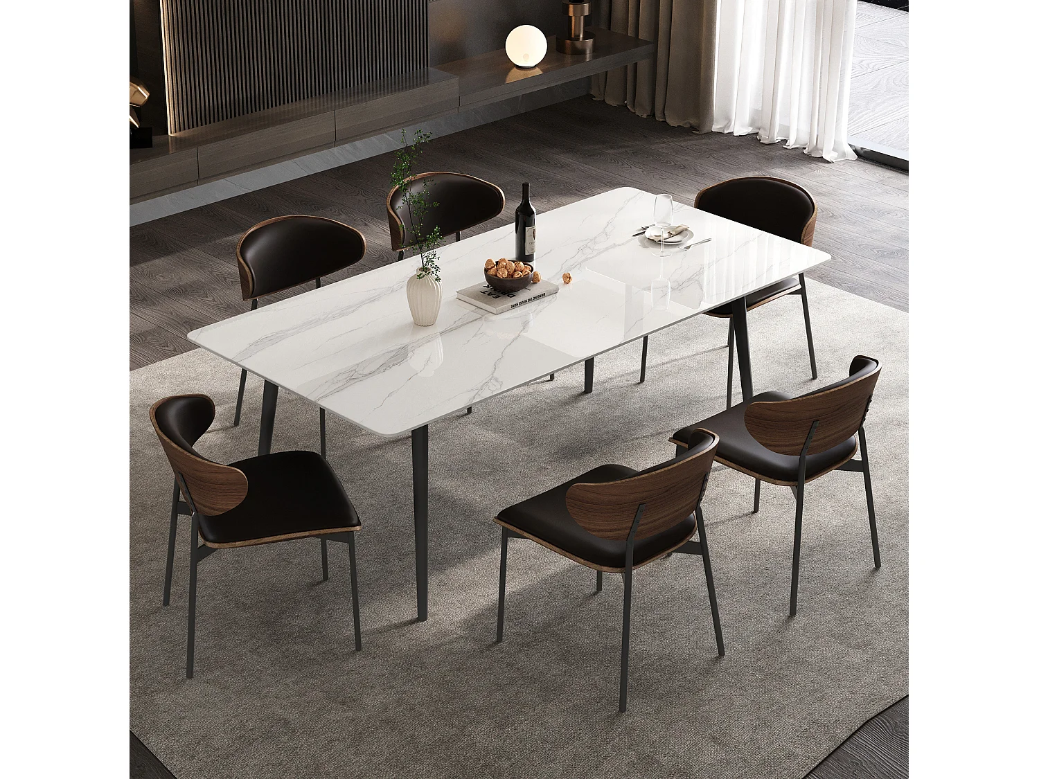 Table à manger 120 cm pour 4–6 pers., pierre frittée, acier carbone, blanc, avec 6 chaises, pour cuisine et salle à manger