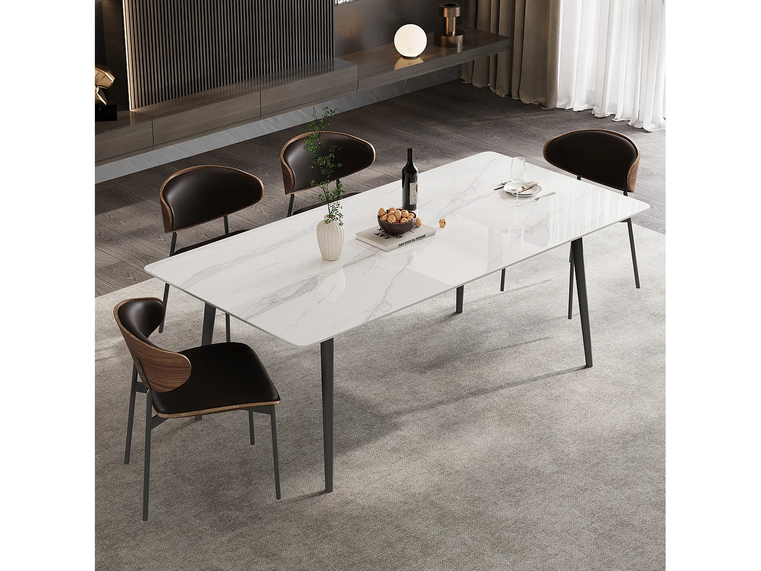 Table à manger 160 cm pour 4–6 pers., pierre frittée, acier carbone, blanc, avec 6 chaises, pour cuisine et salle à manger