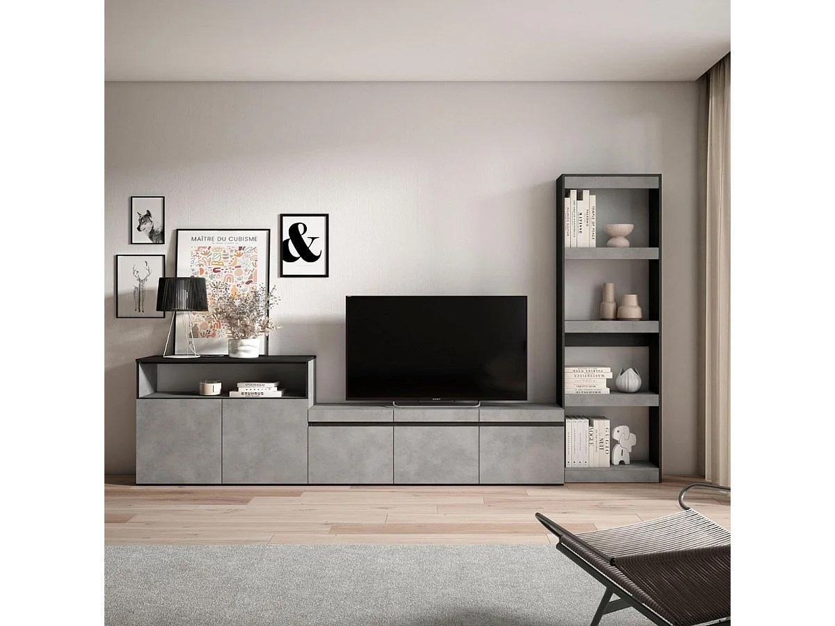 Composición de salón Kroma con estantería lateral derecha gris 185,9x313,5x34,6 cm