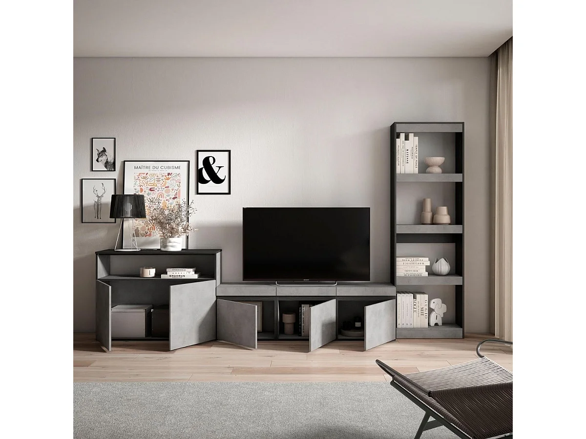 Composición de salón Kroma con estantería lateral derecha gris 185,9x313,5x34,6 cm