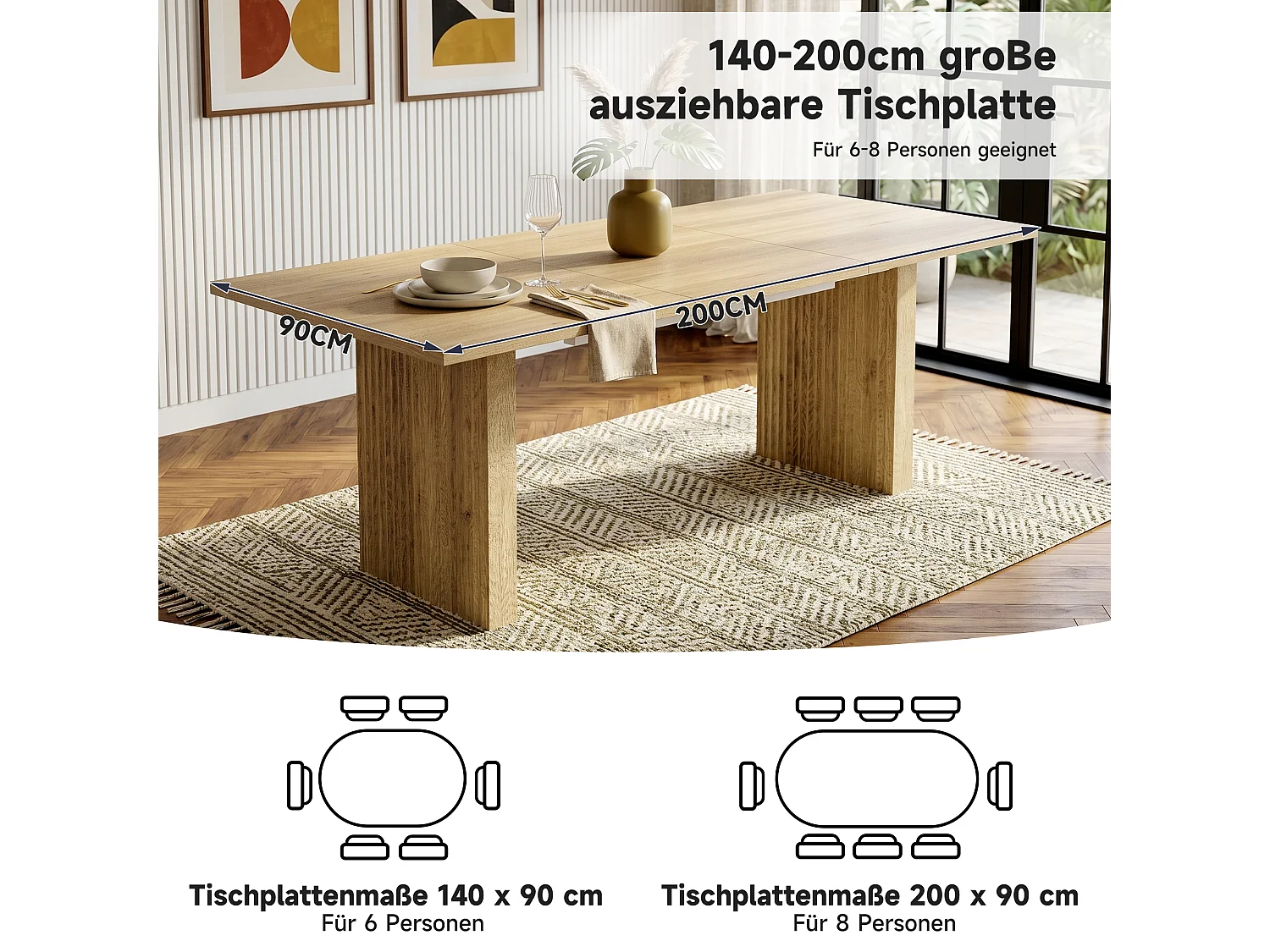 Table à manger extensible 140-200x90X75 cm, pou 6 à 8 personnes, rectangulaire,MDF,Chêne
