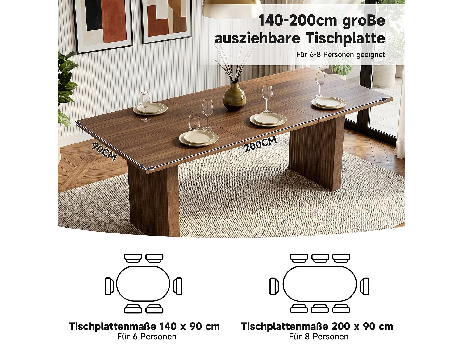 Table à manger extensible 140-200x90X75 cm, pou 6 à 8 personnes, rectangulaire,MDF,noyer