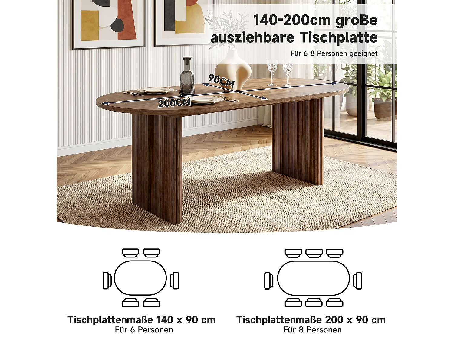 Table de repas extensible 140-200x90x75 cm cm, pour 6 à 8 personnes, coins arrondis, style simple, noyer