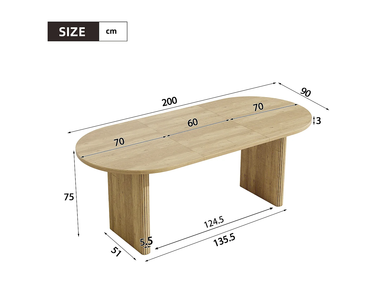 Table de repas extensible 140-200x90x75 cm cm, pour 6 à 8 personnes, coins arrondis, style simple, Chêne