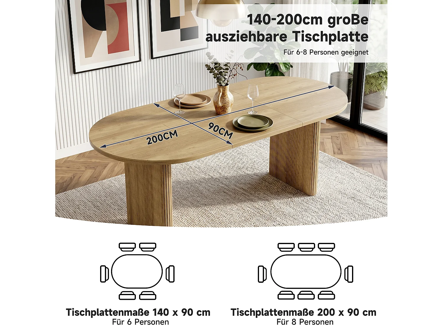 Table de repas extensible 140-200x90x75 cm cm, pour 6 à 8 personnes, coins arrondis, style simple, Chêne