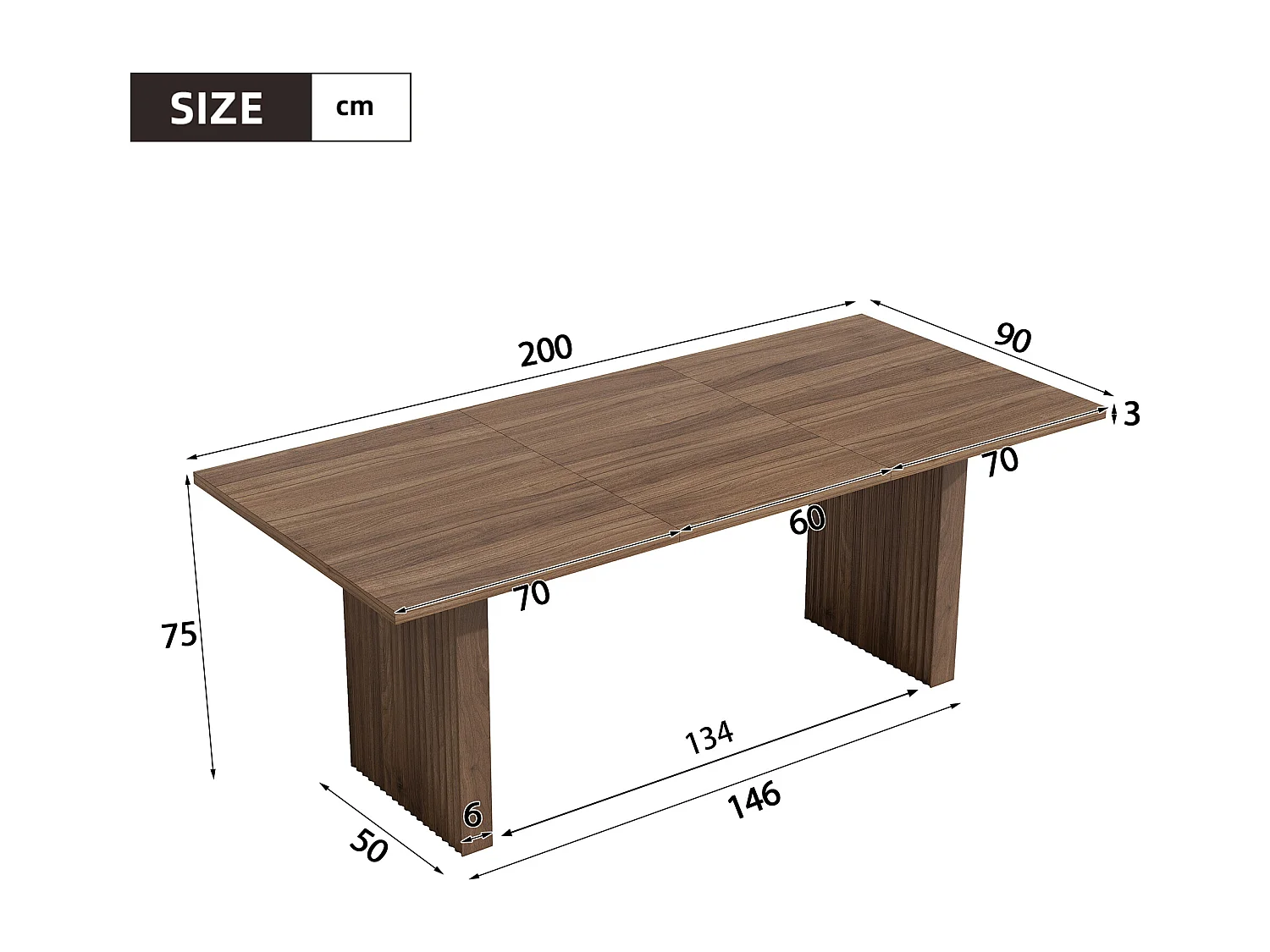 Table à manger extensible rectangulaire 140-200x90 cm 6-8 personnes plateau épais 3 cm MDF noyer