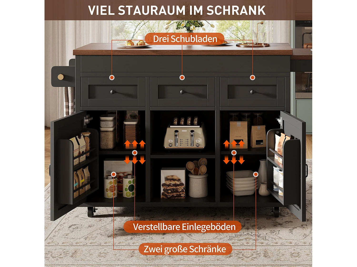 Îlot de cuisine extensible 131,5-210 cm avec table haute rangement 3 tiroirs 2 placards noir bois