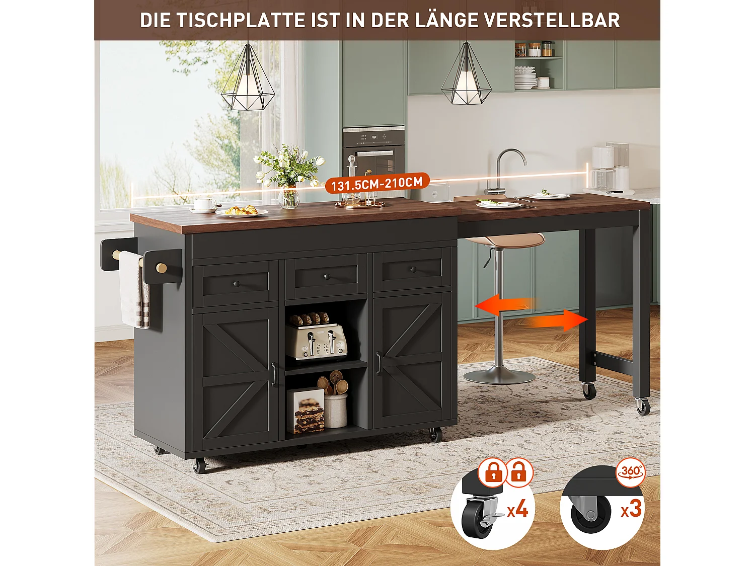 Îlot de cuisine extensible 131,5-210 cm avec table haute rangement 3 tiroirs 2 placards noir bois