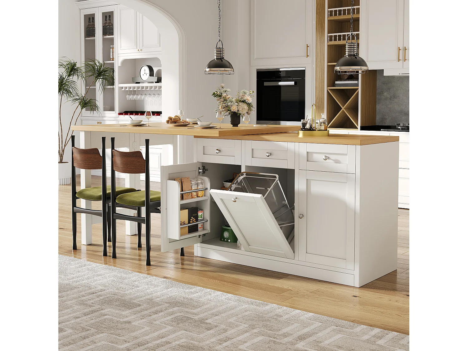 Table de cuisine avec plateau pivotant 120-200 cm rangement tiroirs placards support poubelle MDF blanc bois