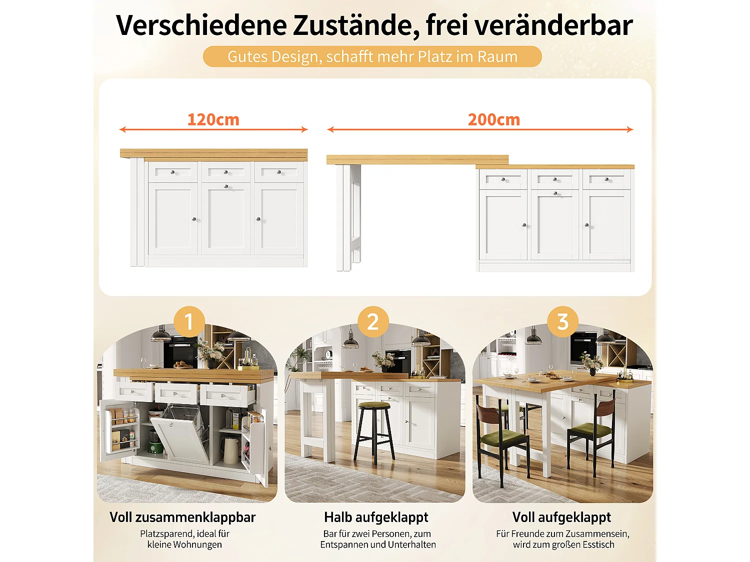 Table de cuisine avec plateau pivotant 120-200 cm rangement tiroirs placards support poubelle MDF blanc bois