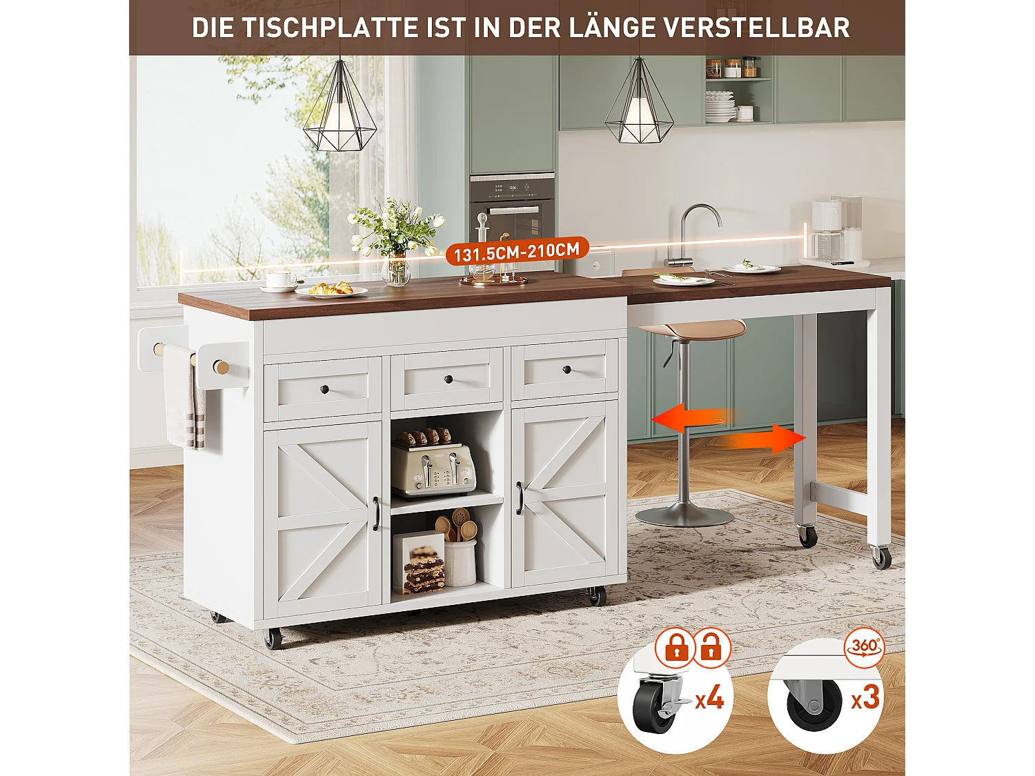 Îlot de cuisine extensible 131,5-210 cm avec table haute rangement 3 tiroirs 2 placards blanc bois